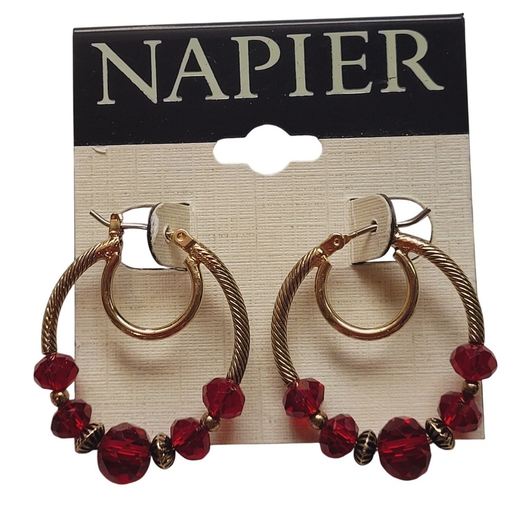 Napier Hoop Earrings Women OS Double Nested Beaded Red Gold Tone Twisted Rope